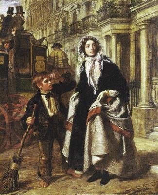 William Powell Frith Lady waiting to cross a street, with a little boy crossing-sweeper begging for money. oil painting image